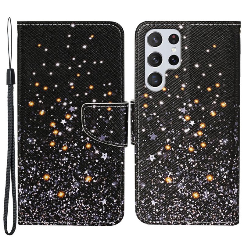 Capa De Couro Para Samsung Galaxy S22 Ultra 5G Estrelas E Lantejoulas Com Cordão