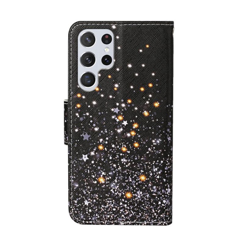 Capa De Couro Para Samsung Galaxy S22 Ultra 5G Estrelas E Lantejoulas Com Cordão