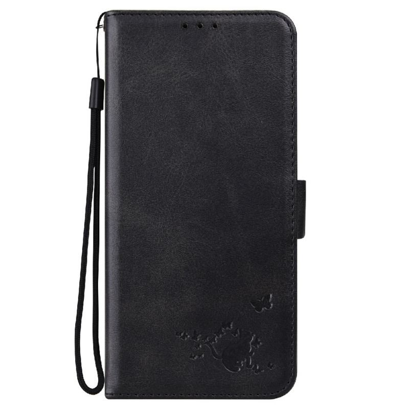 Capa De Couro Para Samsung Galaxy S22 Ultra 5G Gato E Borboletas