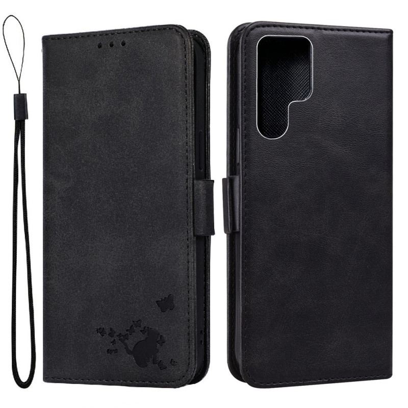 Capa De Couro Para Samsung Galaxy S22 Ultra 5G Gato E Borboletas