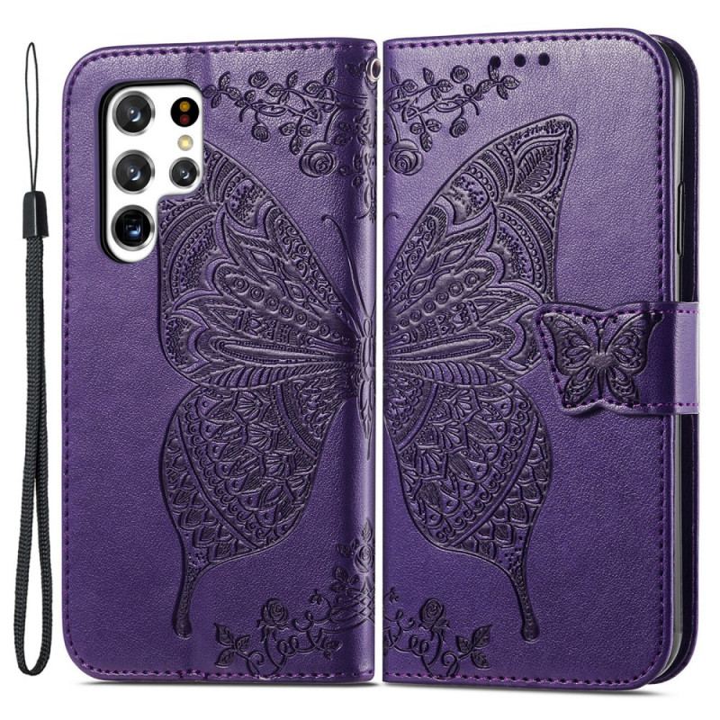 Capa De Couro Para Samsung Galaxy S22 Ultra 5G Meia Borboleta