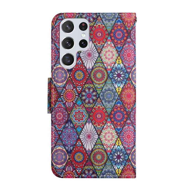 Capa De Couro Para Samsung Galaxy S22 Ultra 5G Padrão De Tapeçaria Colorida