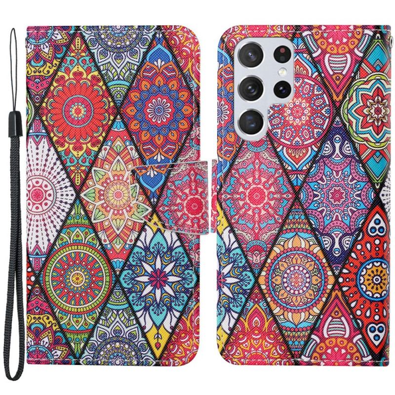 Capa De Couro Para Samsung Galaxy S22 Ultra 5G Patchwork Com Cordão