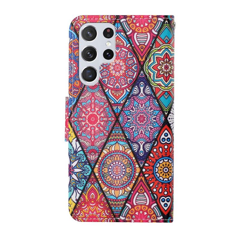 Capa De Couro Para Samsung Galaxy S22 Ultra 5G Patchwork Com Cordão