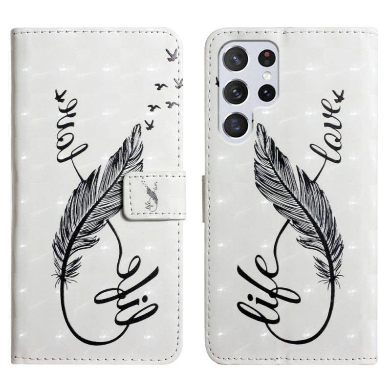 Capa De Couro Para Samsung Galaxy S22 Ultra 5G Pena Vida E Amor