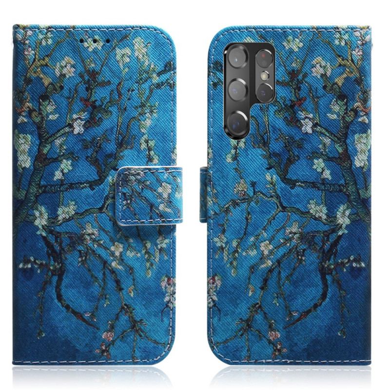 Capa De Couro Para Samsung Galaxy S22 Ultra 5G Ramo De Árvore Florido