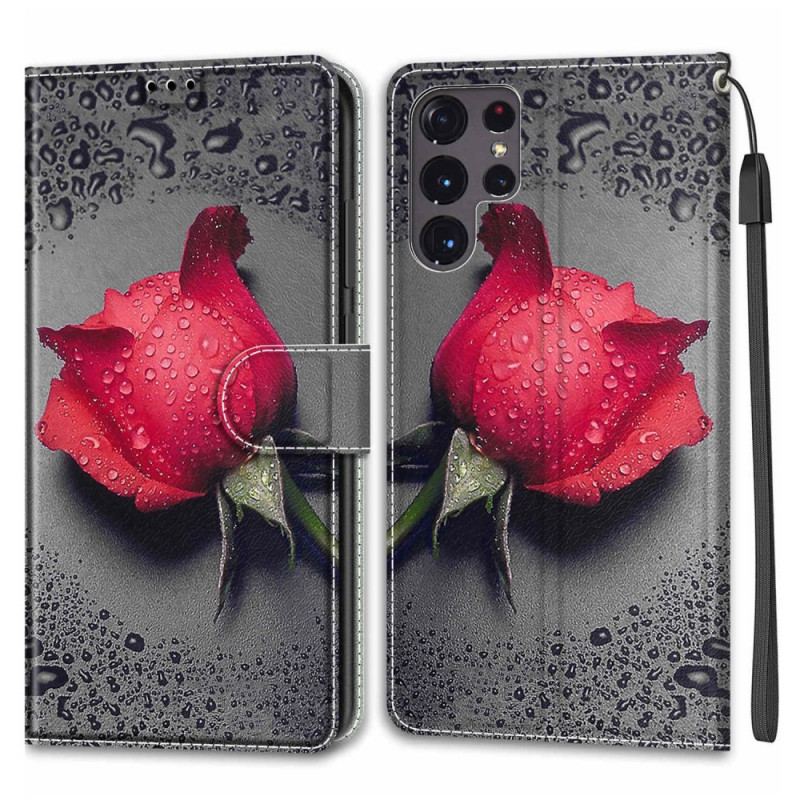 Capa De Couro Para Samsung Galaxy S22 Ultra 5G Rosas Com Cordão