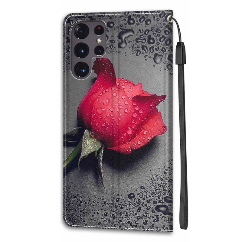 Capa De Couro Para Samsung Galaxy S22 Ultra 5G Rosas Com Cordão