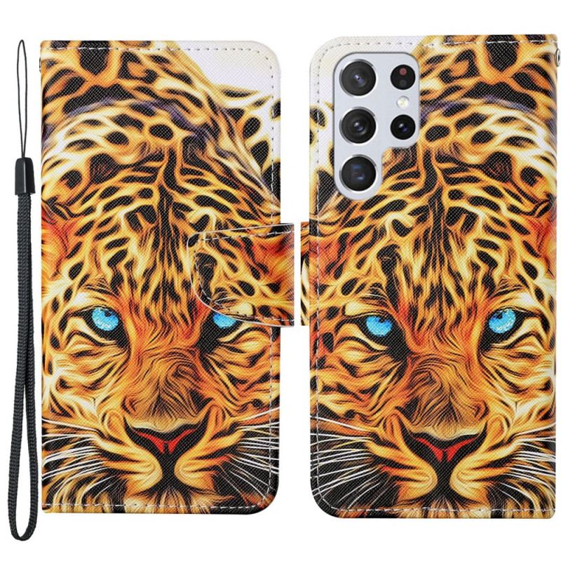 Capa De Couro Para Samsung Galaxy S22 Ultra 5G Tigre Com Cordão