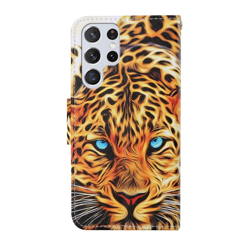 Capa De Couro Para Samsung Galaxy S22 Ultra 5G Tigre Com Cordão