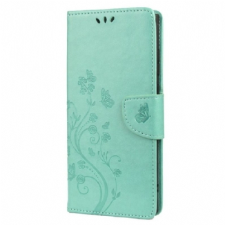 Capa Em Pele Para Samsung Galaxy S22 Ultra 5G Borboletas E Flores Com Cordão