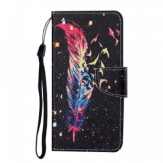 Capa Em Pele Para Samsung Galaxy S22 Ultra 5G De Cordão Pena Colorida Com Alça