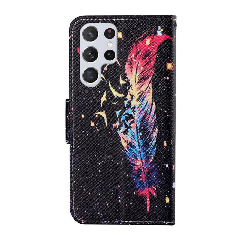 Capa Em Pele Para Samsung Galaxy S22 Ultra 5G De Cordão Pena Colorida Com Alça