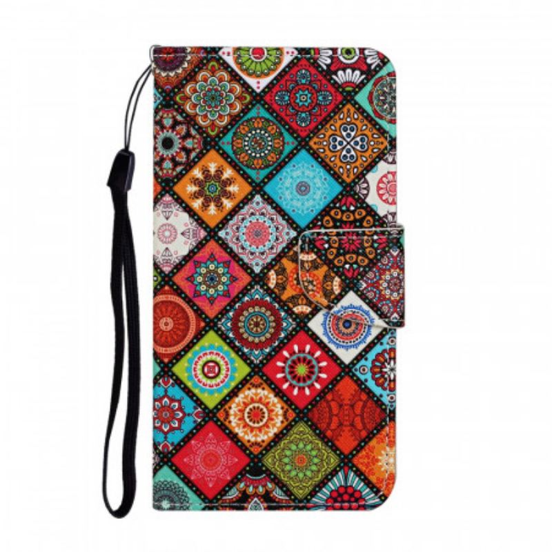 Capa Em Pele Para Samsung Galaxy S22 Ultra 5G Mandalas De Patchwork Com Cordão