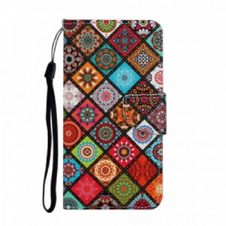 Capa Em Pele Para Samsung Galaxy S22 Ultra 5G Mandalas De Patchwork Com Cordão