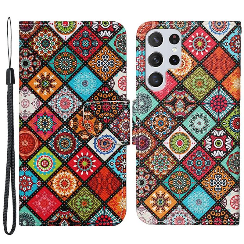 Capa Em Pele Para Samsung Galaxy S22 Ultra 5G Mandalas De Patchwork Com Cordão