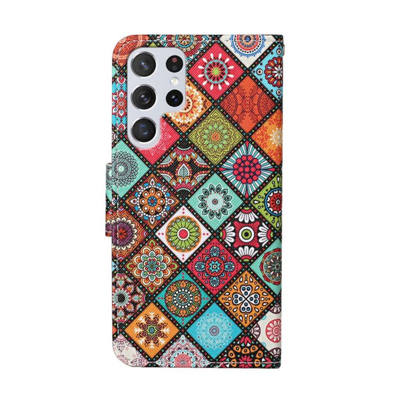 Capa Em Pele Para Samsung Galaxy S22 Ultra 5G Mandalas De Patchwork Com Cordão