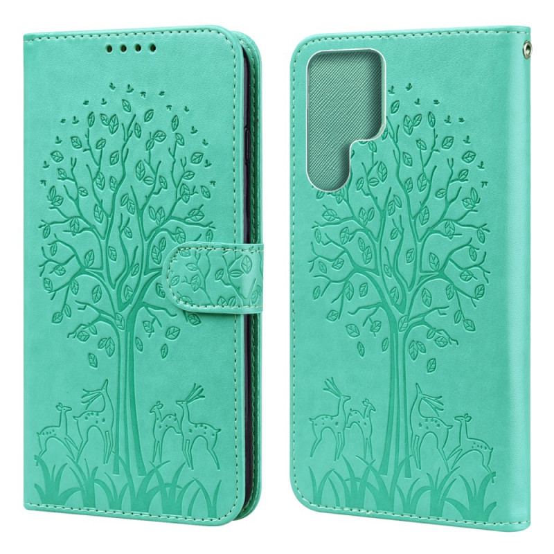 Capa Flip Para Samsung Galaxy S22 Ultra 5G Árvore E Veado