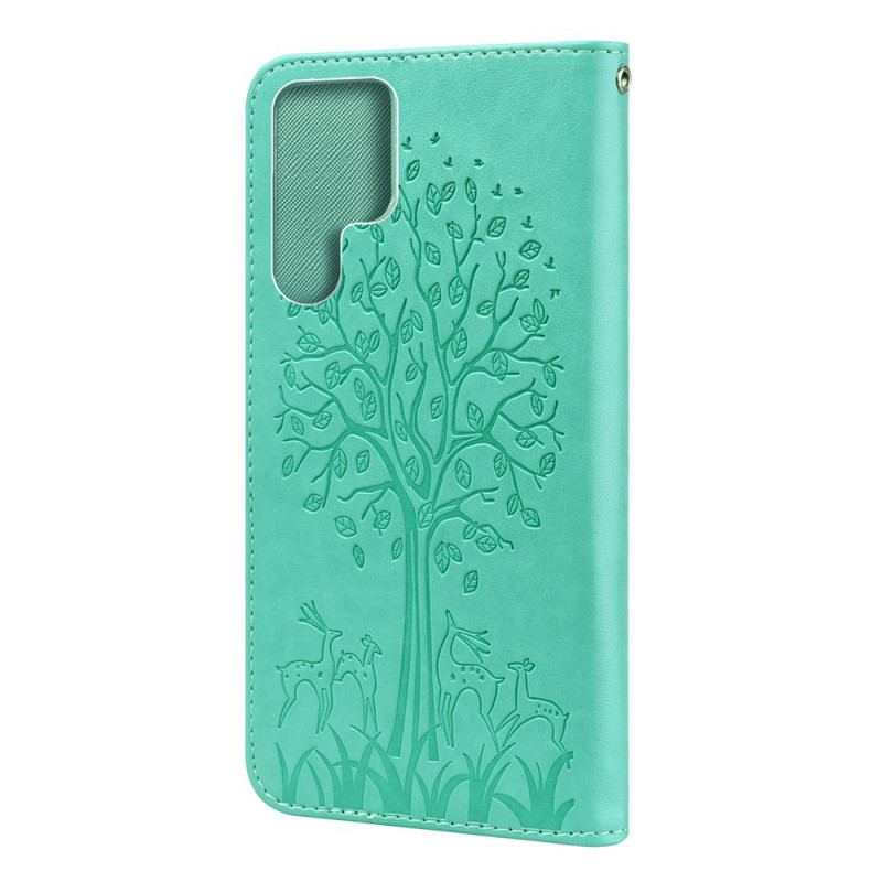 Capa Flip Para Samsung Galaxy S22 Ultra 5G Árvore E Veado