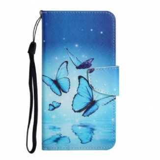 Capa Flip Para Samsung Galaxy S22 Ultra 5G Borboletas Azuis