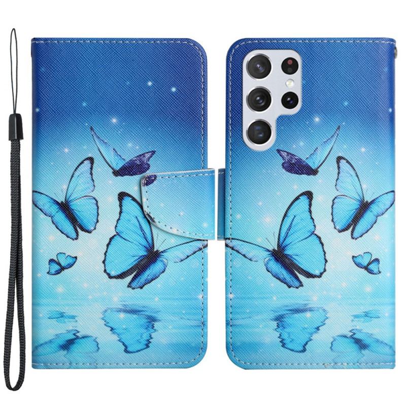 Capa Flip Para Samsung Galaxy S22 Ultra 5G Borboletas Azuis