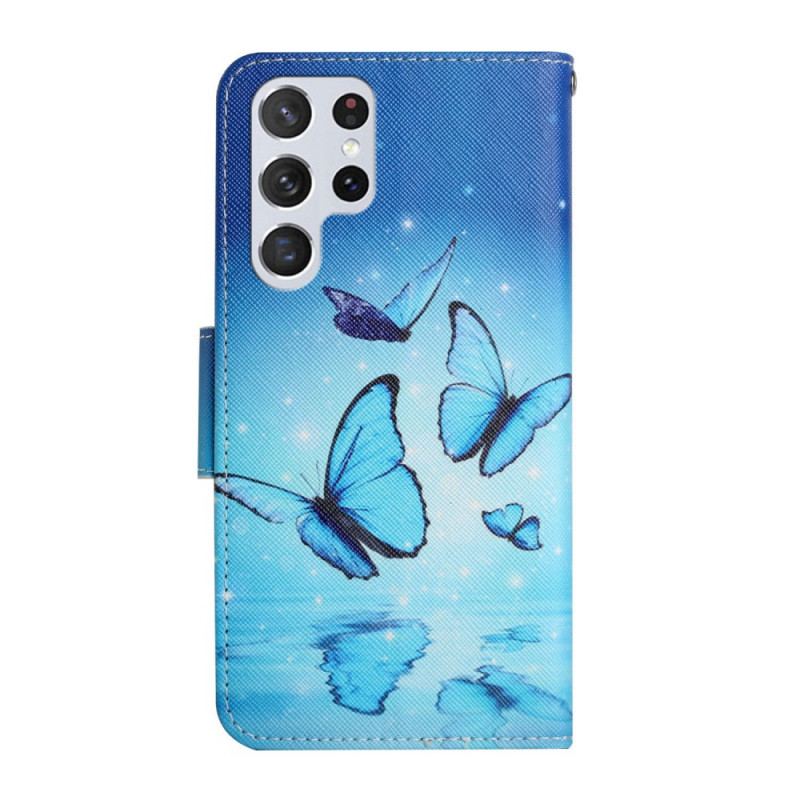 Capa Flip Para Samsung Galaxy S22 Ultra 5G Borboletas Azuis