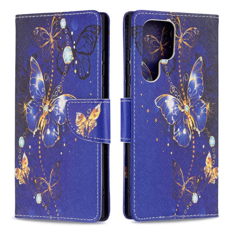 Capa Flip Para Samsung Galaxy S22 Ultra 5G Borboletas Douradas