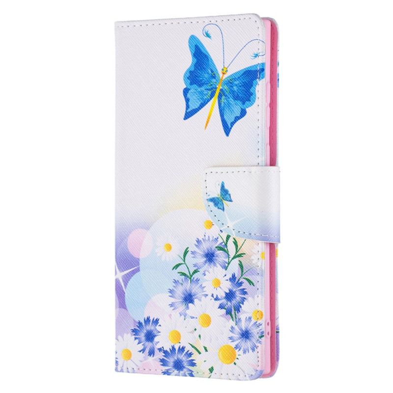 Capa Flip Para Samsung Galaxy S22 Ultra 5G Borboletas E Flores Pintadas