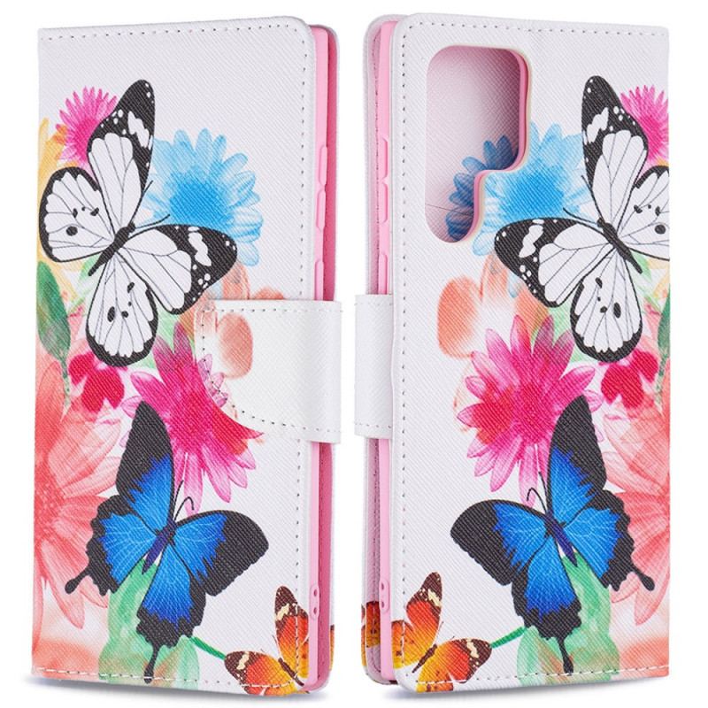 Capa Flip Para Samsung Galaxy S22 Ultra 5G Borboletas E Flores Pintadas