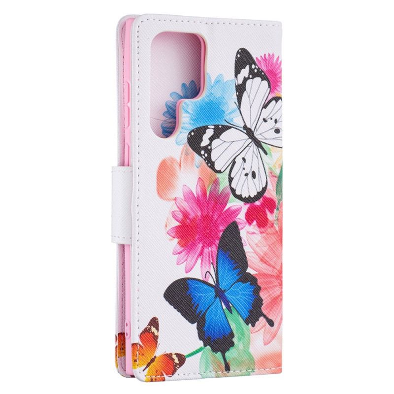 Capa Flip Para Samsung Galaxy S22 Ultra 5G Borboletas E Flores Pintadas