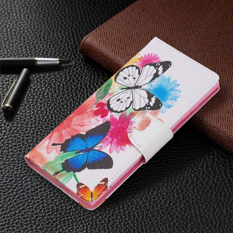 Capa Flip Para Samsung Galaxy S22 Ultra 5G Borboletas E Flores Pintadas