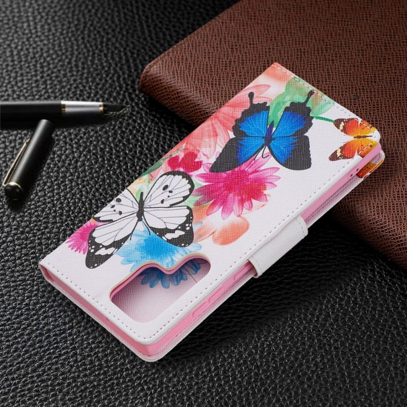 Capa Flip Para Samsung Galaxy S22 Ultra 5G Borboletas E Flores Pintadas