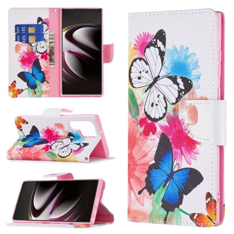 Capa Flip Para Samsung Galaxy S22 Ultra 5G Borboletas E Flores Pintadas