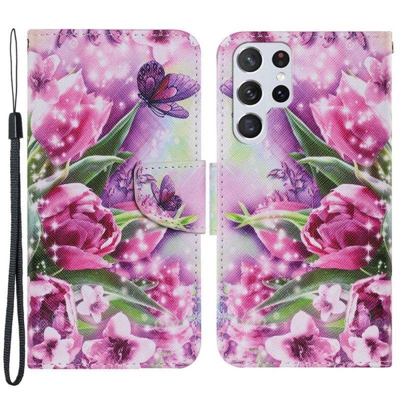 Capa Flip Para Samsung Galaxy S22 Ultra 5G Borboletas E Tulipas