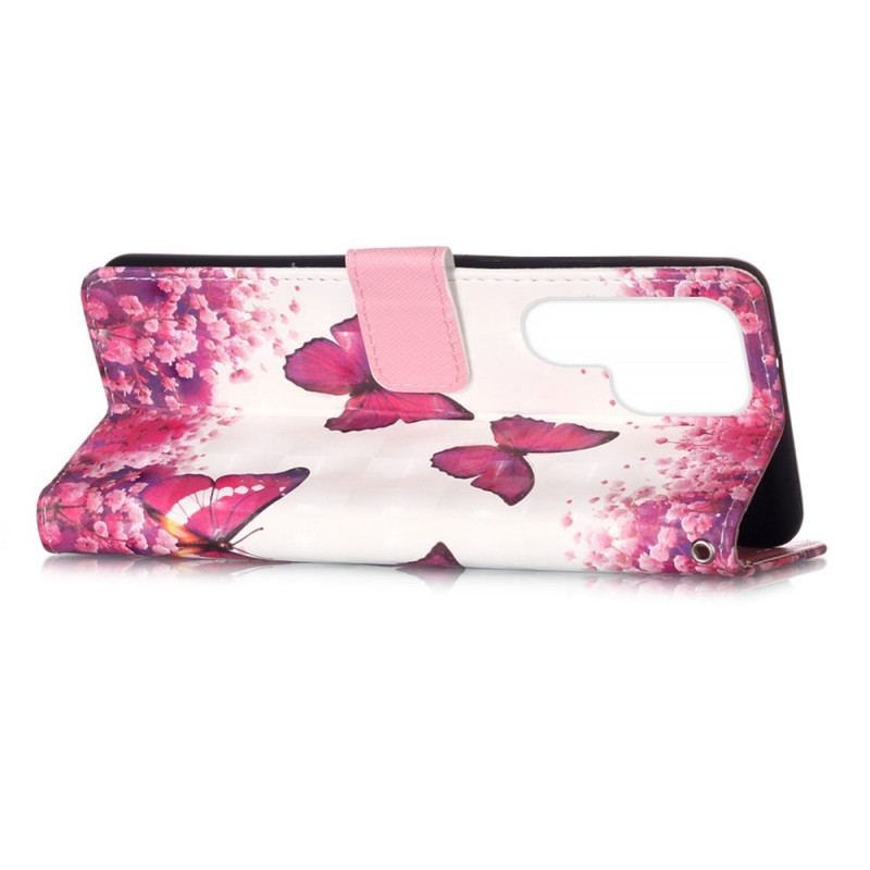 Capa Flip Para Samsung Galaxy S22 Ultra 5G Borboletas Vermelhas