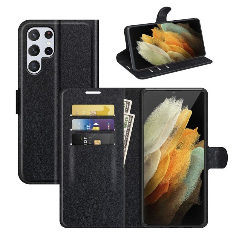 Capa Flip Para Samsung Galaxy S22 Ultra 5G Clássico Efeito Couro Lichia