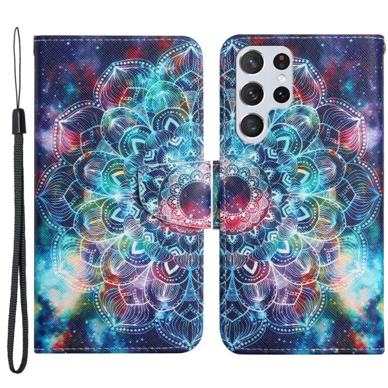 Capa Flip Para Samsung Galaxy S22 Ultra 5G De Cordão Alça De Meia Mandala Chamativa