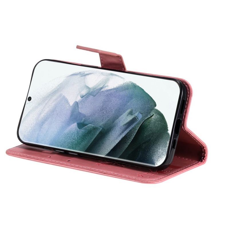 Capa Flip Para Samsung Galaxy S22 Ultra 5G De Cordão Árvore E Gato Strappy