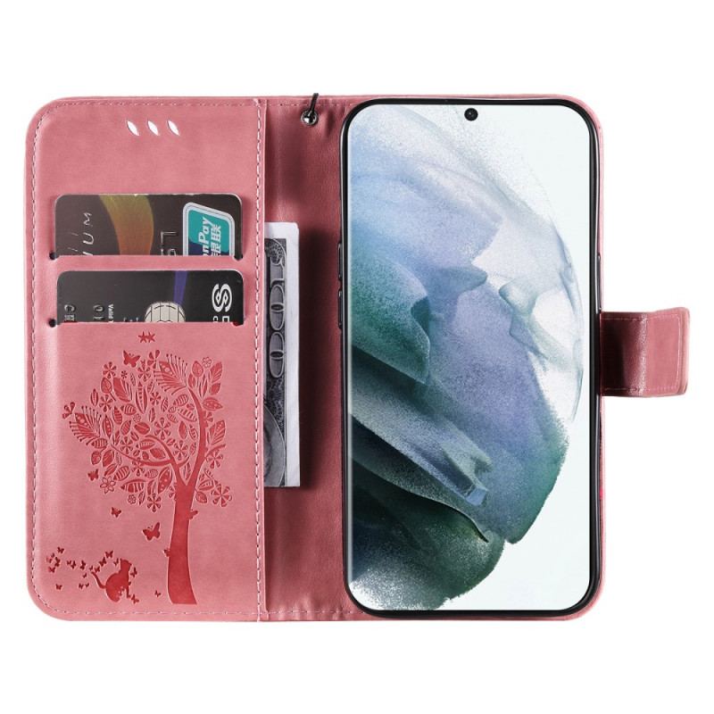 Capa Flip Para Samsung Galaxy S22 Ultra 5G De Cordão Árvore E Gato Strappy