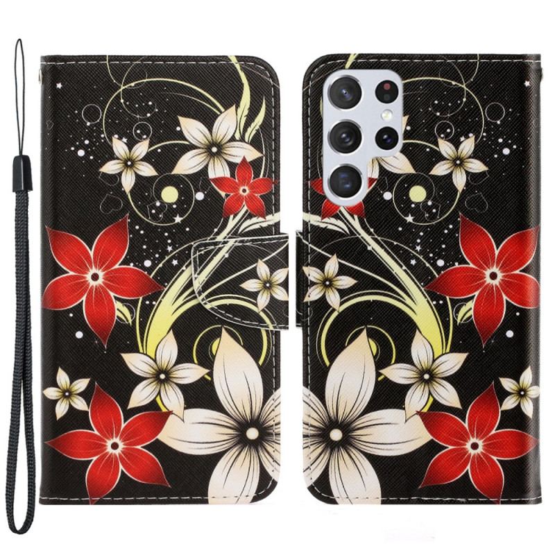 Capa Flip Para Samsung Galaxy S22 Ultra 5G De Cordão Flores Coloridas Com Tiras