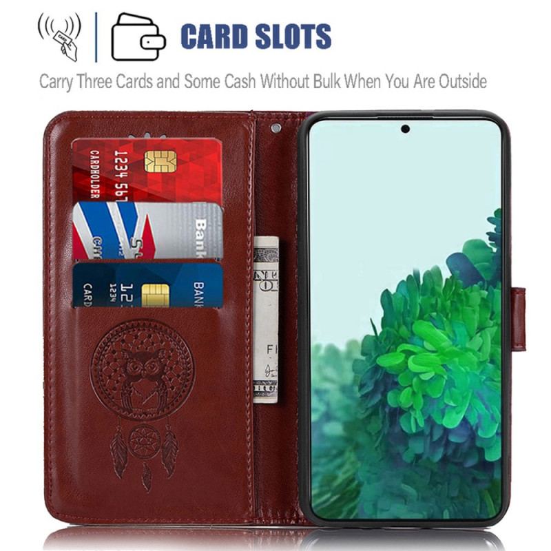 Capa Flip Para Samsung Galaxy S22 Ultra 5G Coruja Apanhador De Sonhos Efeito Couro