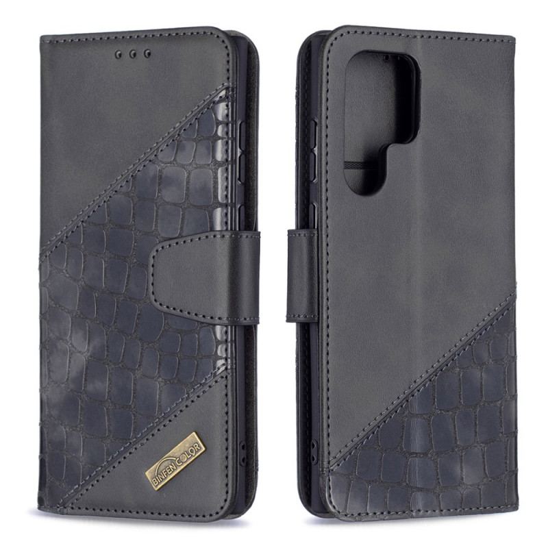 Capa Flip Para Samsung Galaxy S22 Ultra 5G Efeito Clássico De Pele De Crocodilo