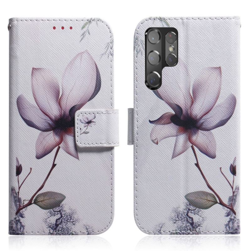 Capa Flip Para Samsung Galaxy S22 Ultra 5G Flor Rosa Empoeirado