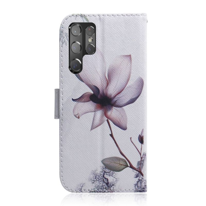 Capa Flip Para Samsung Galaxy S22 Ultra 5G Flor Rosa Empoeirado