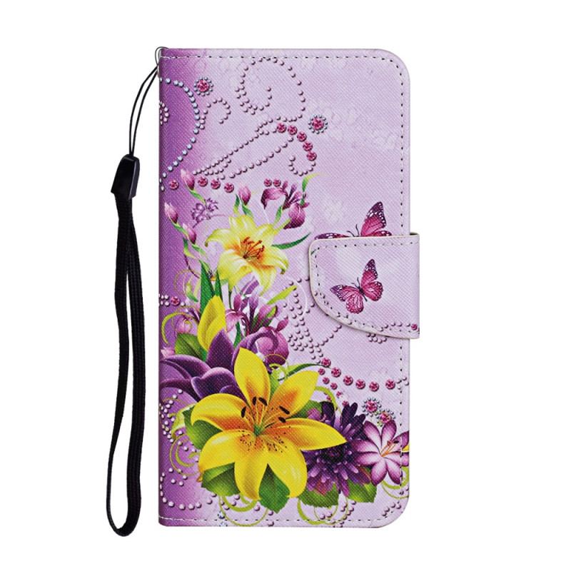 Capa Flip Para Samsung Galaxy S22 Ultra 5G Flores Magistrais Com Alça