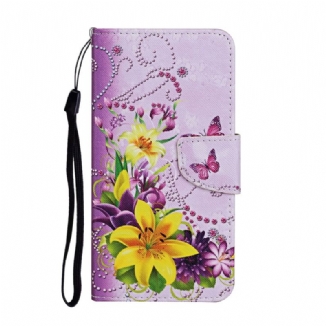 Capa Flip Para Samsung Galaxy S22 Ultra 5G Flores Magistrais Com Alça