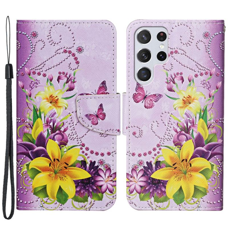 Capa Flip Para Samsung Galaxy S22 Ultra 5G Flores Magistrais Com Alça