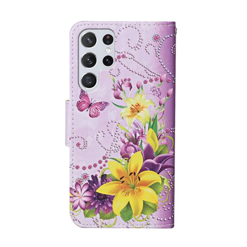 Capa Flip Para Samsung Galaxy S22 Ultra 5G Flores Magistrais Com Alça