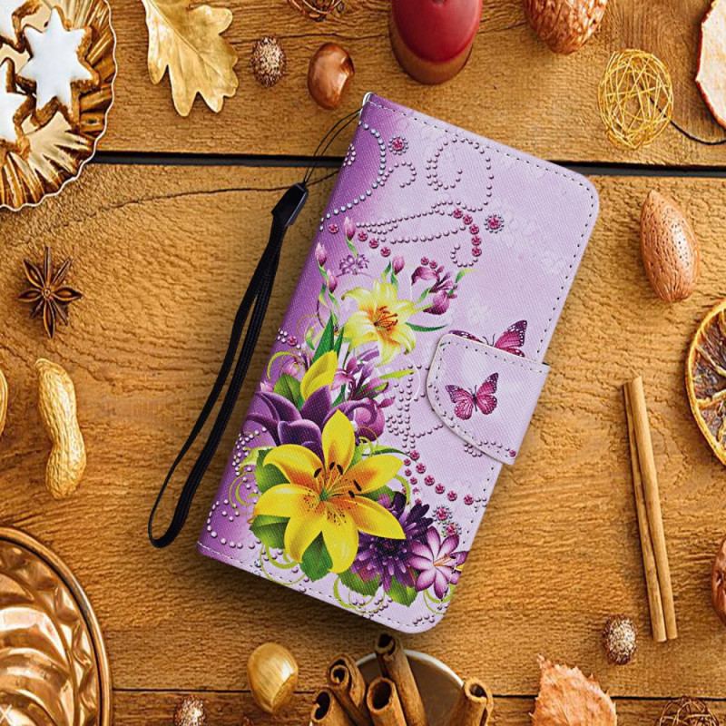 Capa Flip Para Samsung Galaxy S22 Ultra 5G Flores Magistrais Com Alça