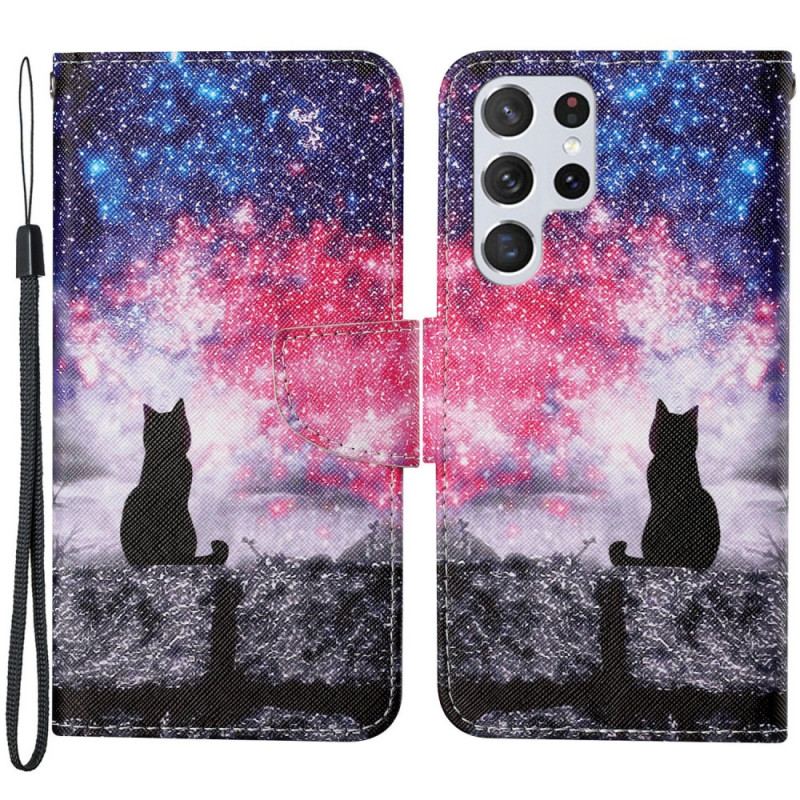 Capa Flip Para Samsung Galaxy S22 Ultra 5G Histórias De Gatos Com Cordão